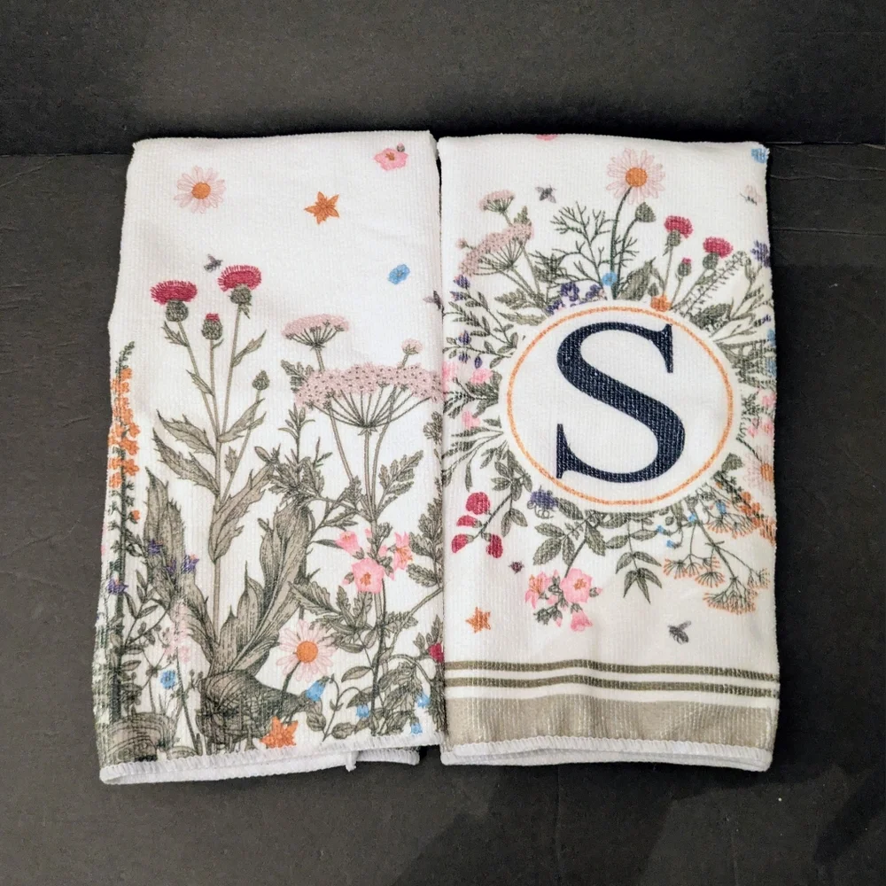 Towels Floral Monogram Letter S Bath Hand Towels White Multicolor 16 x 24 Set 2